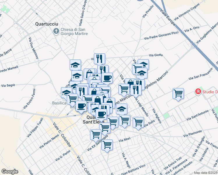map of restaurants, bars, coffee shops, grocery stores, and more near 41 Via Napoli in Quartu Sant'Elena