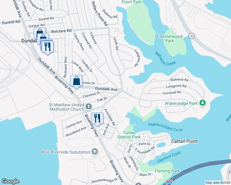 map of restaurants, bars, coffee shops, grocery stores, and more near 300 Chestnut Street in Dundalk