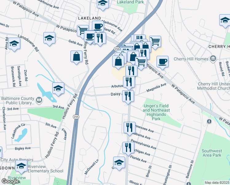 map of restaurants, bars, coffee shops, grocery stores, and more near 2730 Daisy Avenue in Halethorpe
