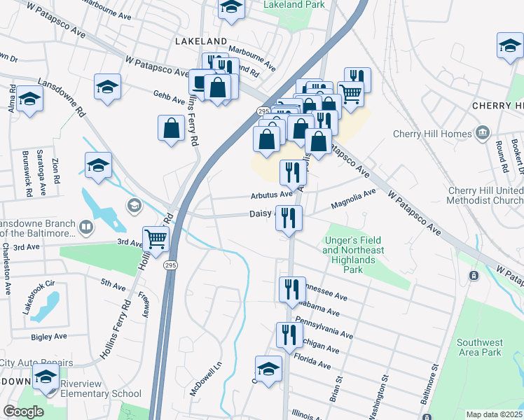 map of restaurants, bars, coffee shops, grocery stores, and more near 2732 Daisy Avenue in Baltimore