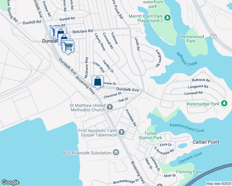 map of restaurants, bars, coffee shops, grocery stores, and more near 160 Chestnut Street in Dundalk