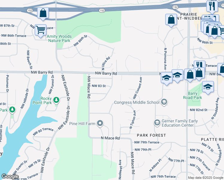 map of restaurants, bars, coffee shops, grocery stores, and more near 8213 North Everton Avenue in Kansas City