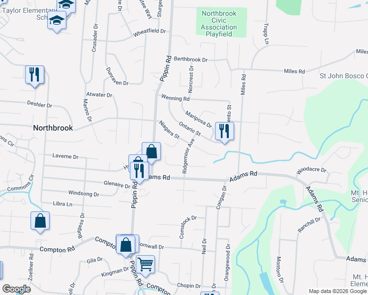 map of restaurants, bars, coffee shops, grocery stores, and more near 9550 Ridgemoor Avenue in Cincinnati