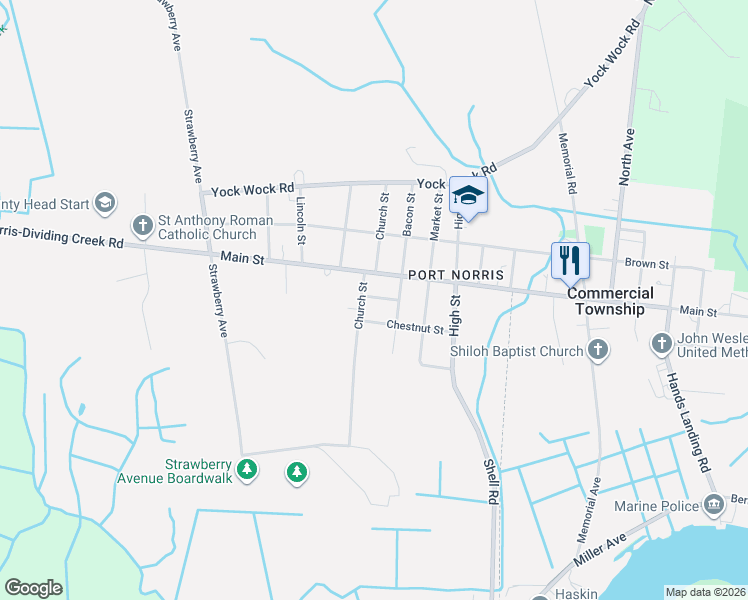 map of restaurants, bars, coffee shops, grocery stores, and more near 2520 Church Street in Commercial Township