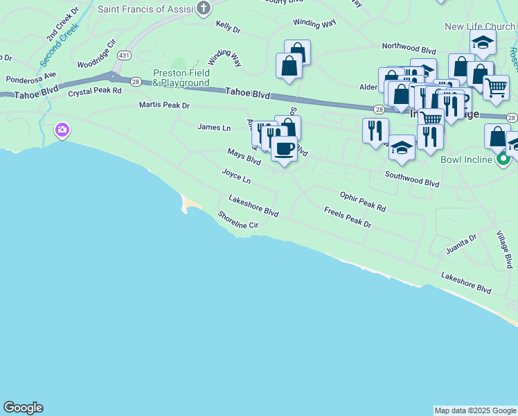 map of restaurants, bars, coffee shops, grocery stores, and more near Lakeshore Boulevard in Incline Village