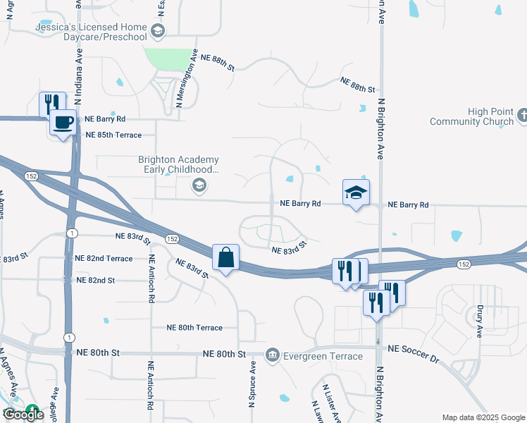 map of restaurants, bars, coffee shops, grocery stores, and more near 4354 Northeast 83rd Street in Kansas City