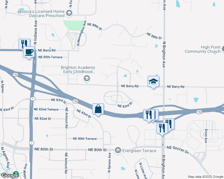map of restaurants, bars, coffee shops, grocery stores, and more near 4336 Northeast 83rd Street in Kansas City
