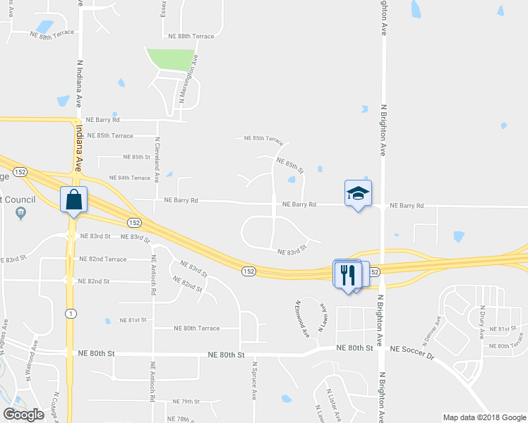 map of restaurants, bars, coffee shops, grocery stores, and more near 8332 Northeast 83rd Street in Kansas City