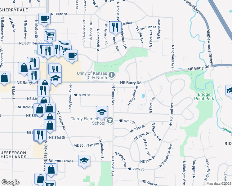 map of restaurants, bars, coffee shops, grocery stores, and more near 8246 North Forest Avenue in Kansas City