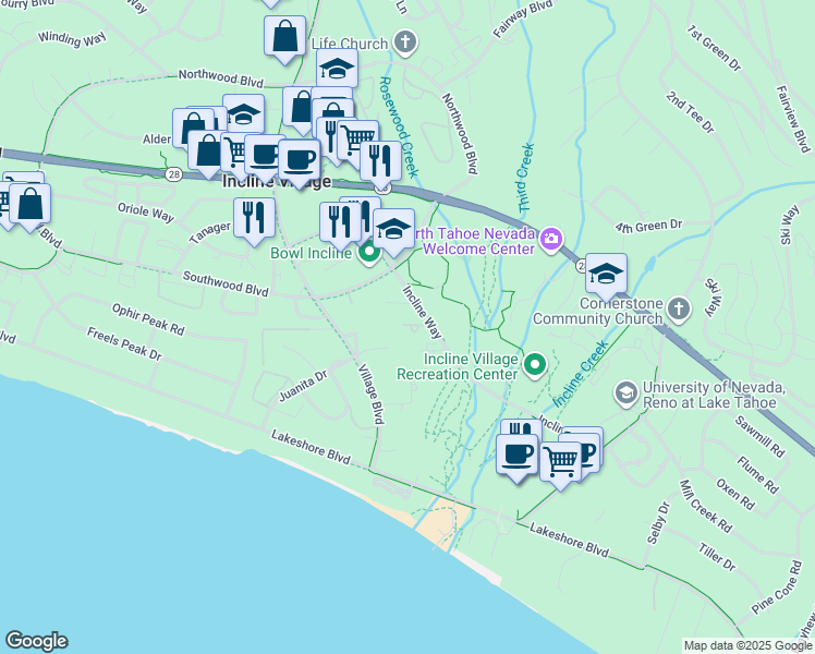 map of restaurants, bars, coffee shops, grocery stores, and more near 939 Incline Way in Incline Village