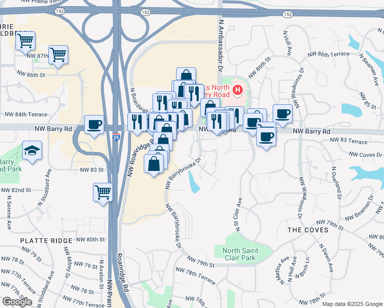 map of restaurants, bars, coffee shops, grocery stores, and more near 8282 Northwest Barrybrooke Drive in Kansas City