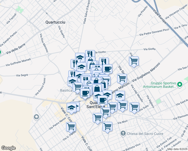 map of restaurants, bars, coffee shops, grocery stores, and more near 101A Via Cagliari in Quartu Sant'Elena