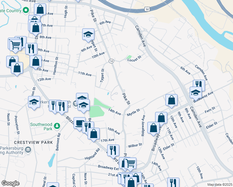 map of restaurants, bars, coffee shops, grocery stores, and more near 1218 Pike Street in Parkersburg
