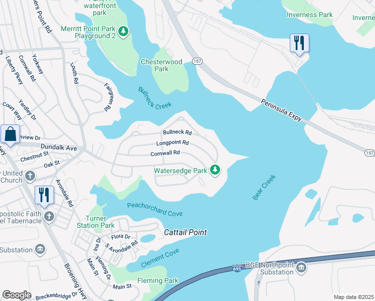 map of restaurants, bars, coffee shops, grocery stores, and more near 8222 Cornwall Road in Dundalk