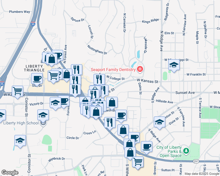 map of restaurants, bars, coffee shops, grocery stores, and more near 1137 West Kansas Street in Liberty