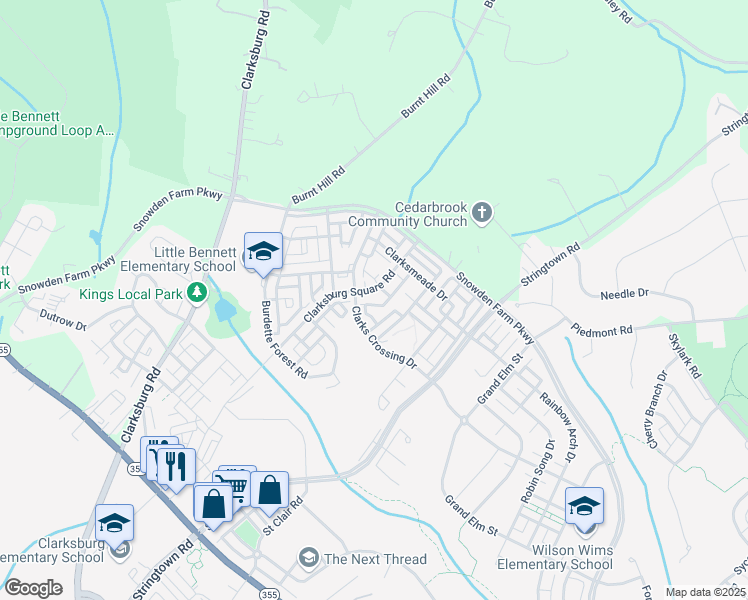 map of restaurants, bars, coffee shops, grocery stores, and more near 12832 Clarksburg Square Road in Clarksburg