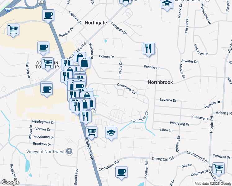 map of restaurants, bars, coffee shops, grocery stores, and more near 3368 Hidden Creek Drive in Cincinnati