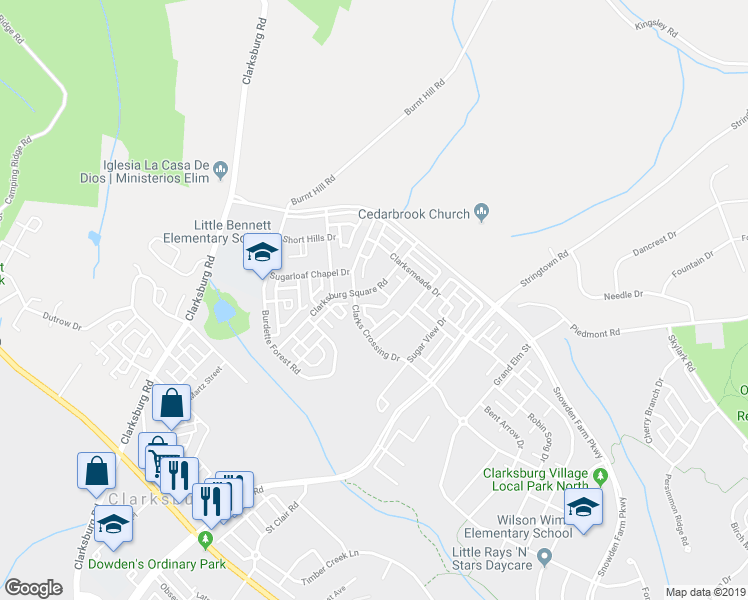 map of restaurants, bars, coffee shops, grocery stores, and more near 12905 Clarks Crossing Drive in Clarksburg