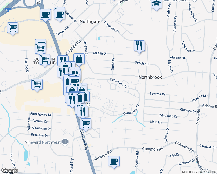 map of restaurants, bars, coffee shops, grocery stores, and more near 3368 Hidden Creek Drive in Cincinnati