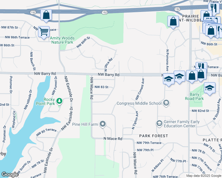 map of restaurants, bars, coffee shops, grocery stores, and more near 8605 Northwest 83 Terrace in Kansas City