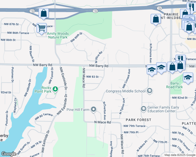 map of restaurants, bars, coffee shops, grocery stores, and more near 8605 Northwest 83 Terrace in Kansas City