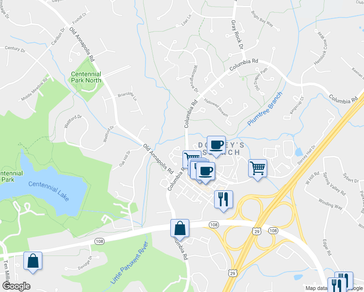 map of restaurants, bars, coffee shops, grocery stores, and more near 4734 Leyden Way in Ellicott City