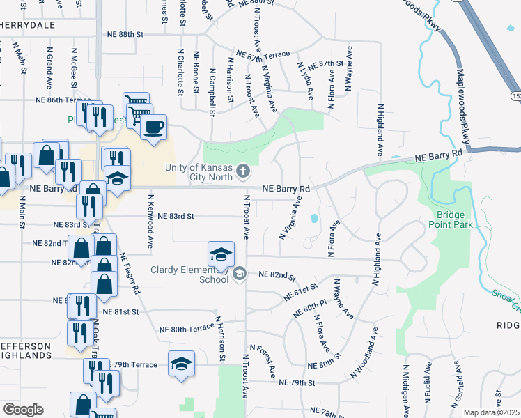 map of restaurants, bars, coffee shops, grocery stores, and more near 1102 Northeast 83rd Terrace in Kansas City