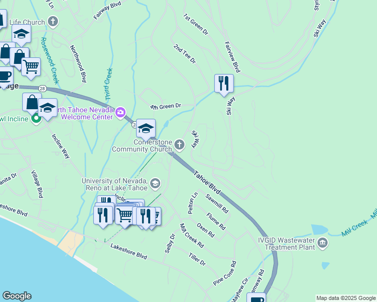 map of restaurants, bars, coffee shops, grocery stores, and more near 314 Ski Way in Incline Village