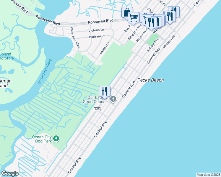 map of restaurants, bars, coffee shops, grocery stores, and more near 3842 West Avenue in Ocean City
