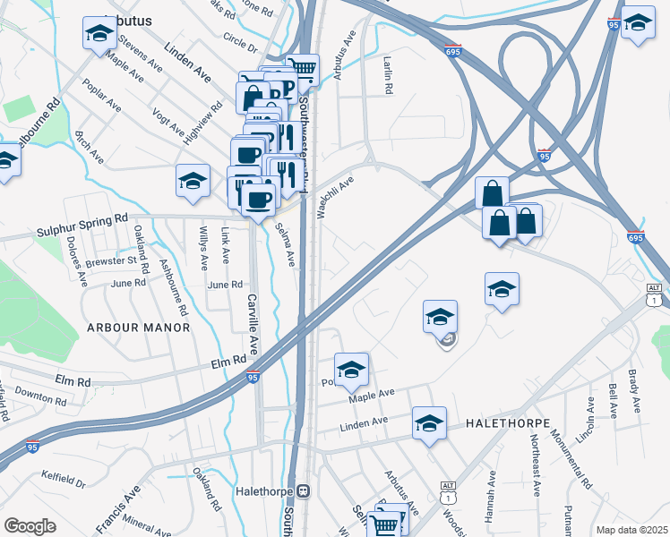 map of restaurants, bars, coffee shops, grocery stores, and more near 24 Colony Hill Court in Baltimore