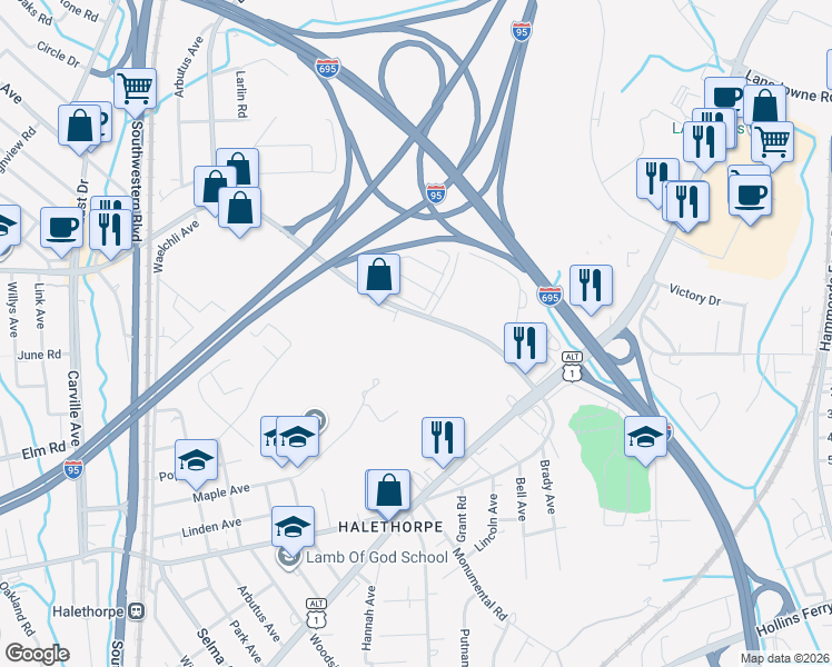 map of restaurants, bars, coffee shops, grocery stores, and more near 1681 Sulphur Spring Road in Baltimore County