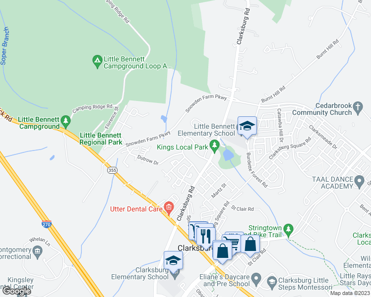 map of restaurants, bars, coffee shops, grocery stores, and more near 13306 Catawba Manor Way in Clarksburg