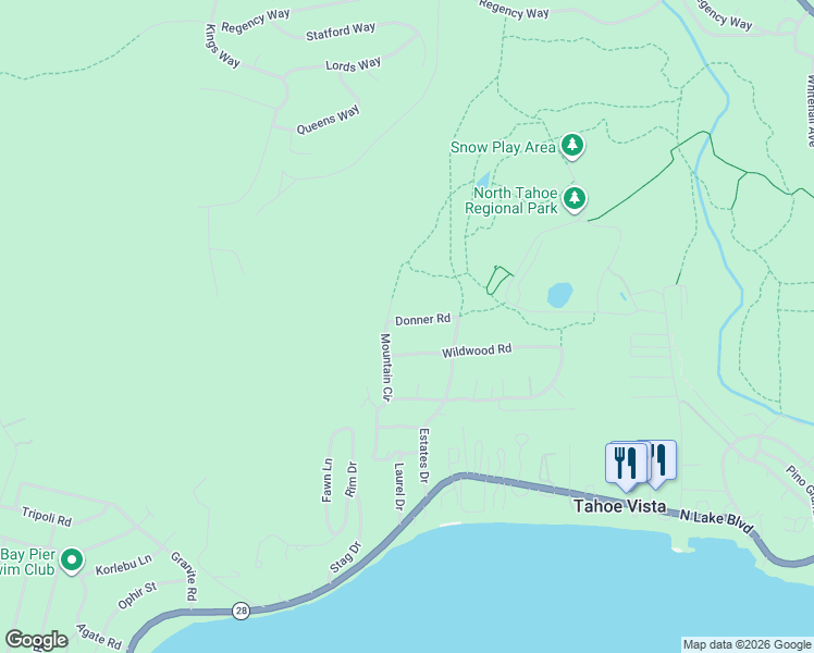 map of restaurants, bars, coffee shops, grocery stores, and more near 725 Mountain Circle in Tahoe Vista