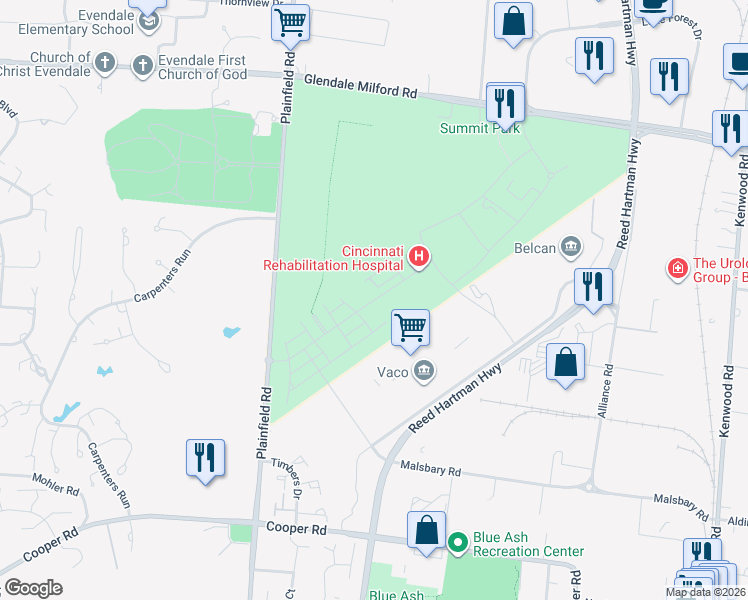 map of restaurants, bars, coffee shops, grocery stores, and more near 4103 Catalina Alley in Blue Ash