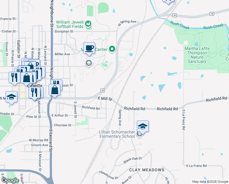 map of restaurants, bars, coffee shops, grocery stores, and more near 36 Cherry Street in Liberty