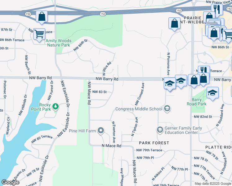 map of restaurants, bars, coffee shops, grocery stores, and more near 8314 North Nodaway Avenue in Kansas City