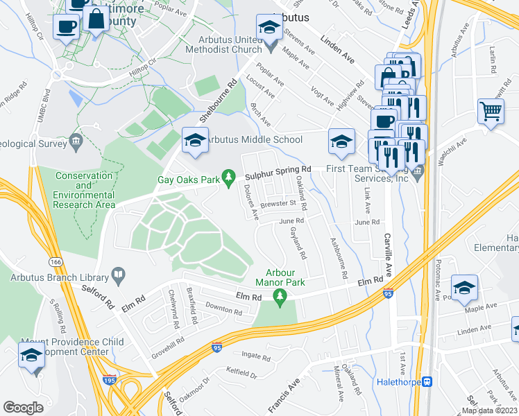 map of restaurants, bars, coffee shops, grocery stores, and more near 1209 Brewster Street in Halethorpe