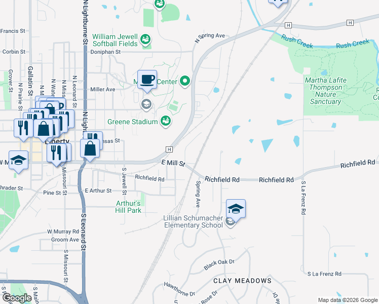 map of restaurants, bars, coffee shops, grocery stores, and more near 36 Cherry Street in Liberty