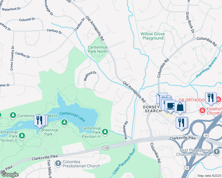 map of restaurants, bars, coffee shops, grocery stores, and more near 8619 Wellford Drive in Ellicott City