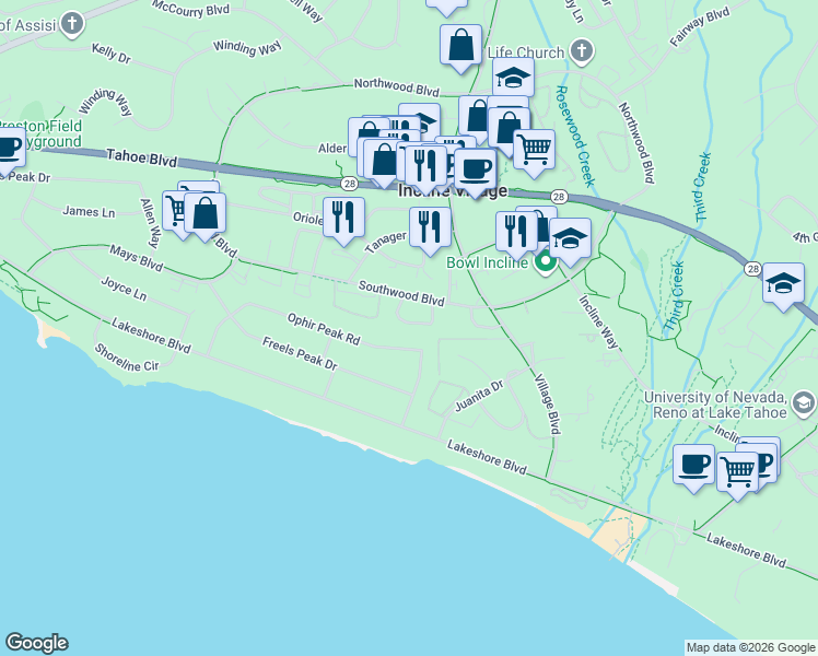 map of restaurants, bars, coffee shops, grocery stores, and more near 875 Southwood Boulevard in Incline Village
