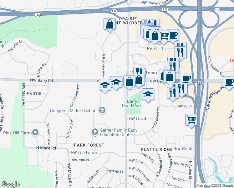 map of restaurants, bars, coffee shops, grocery stores, and more near 7703 Northwest Barry Road in Kansas City