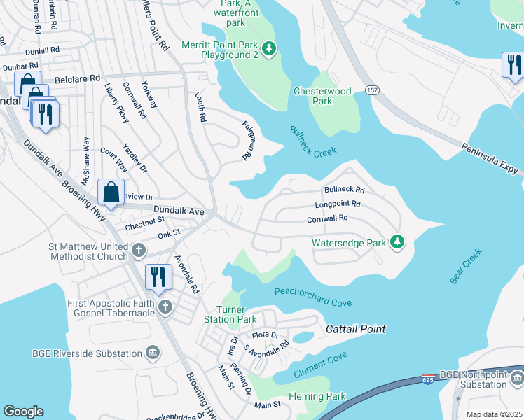 map of restaurants, bars, coffee shops, grocery stores, and more near 8114 Bullneck Road in Dundalk
