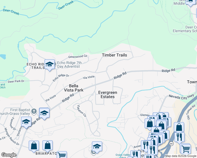 map of restaurants, bars, coffee shops, grocery stores, and more near 11134 Via Vista in Nevada City