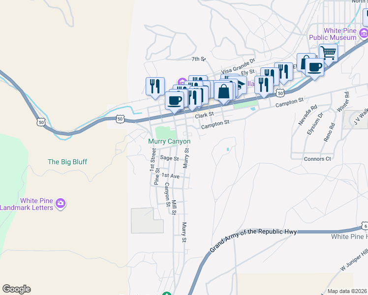 map of restaurants, bars, coffee shops, grocery stores, and more near 623 Murry Street in Ely