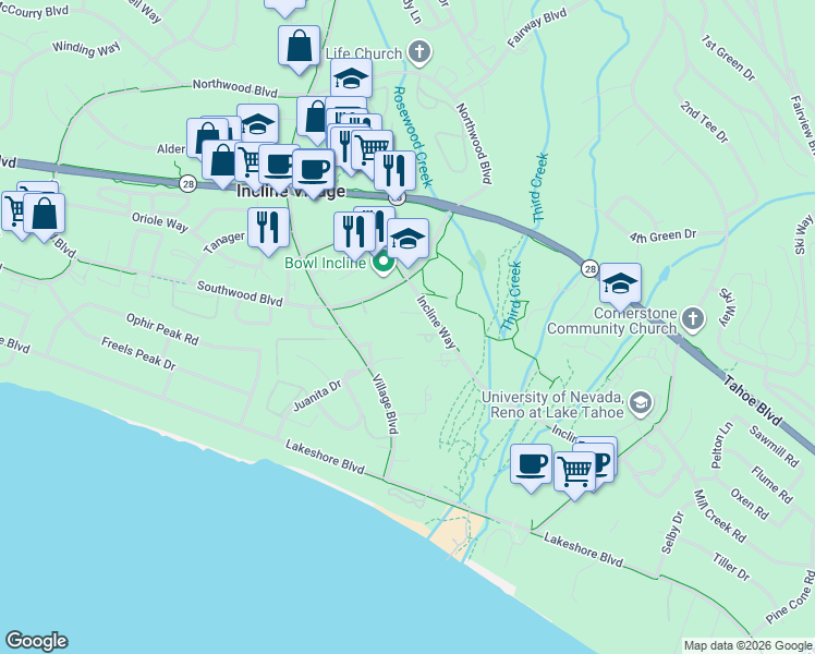 map of restaurants, bars, coffee shops, grocery stores, and more near 931 Incline Way in Incline Village