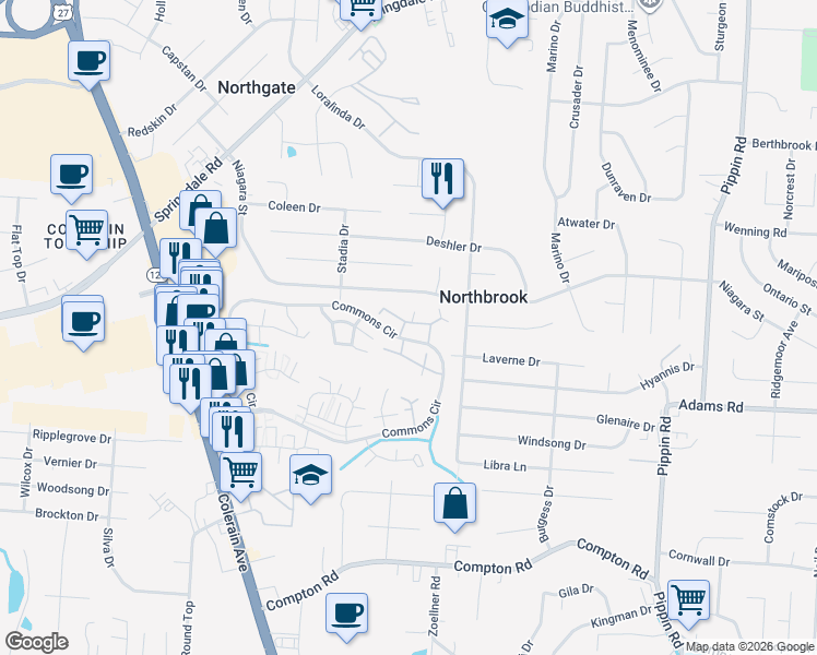 map of restaurants, bars, coffee shops, grocery stores, and more near 9640 Crosley Farm Drive in Cincinnati