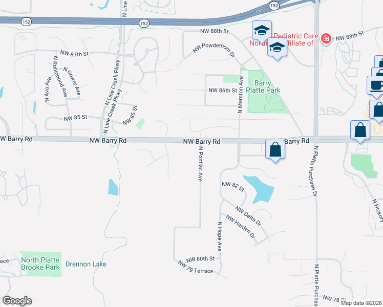 map of restaurants, bars, coffee shops, grocery stores, and more near 2601 Northwest Barry Road in Kansas City