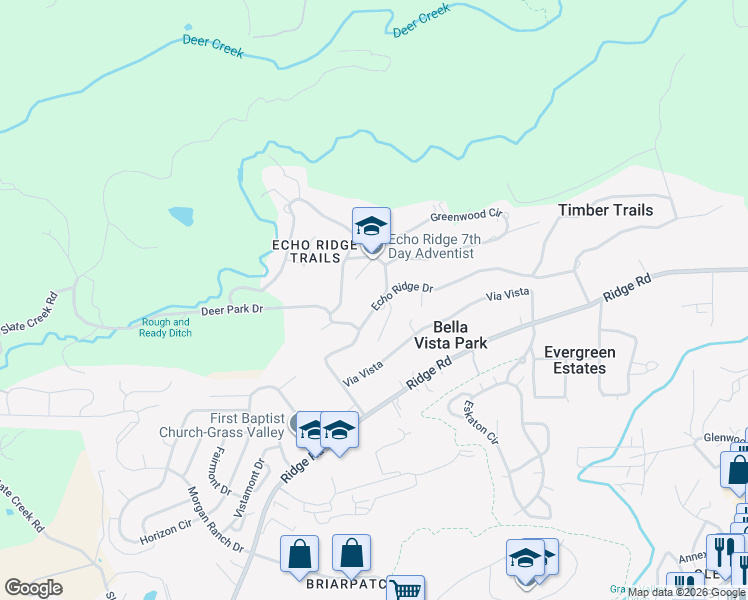 map of restaurants, bars, coffee shops, grocery stores, and more near 14760 Echo Ridge Drive in Nevada City