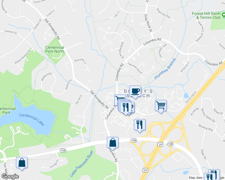 map of restaurants, bars, coffee shops, grocery stores, and more near 4744 Leyden Way in Ellicott City