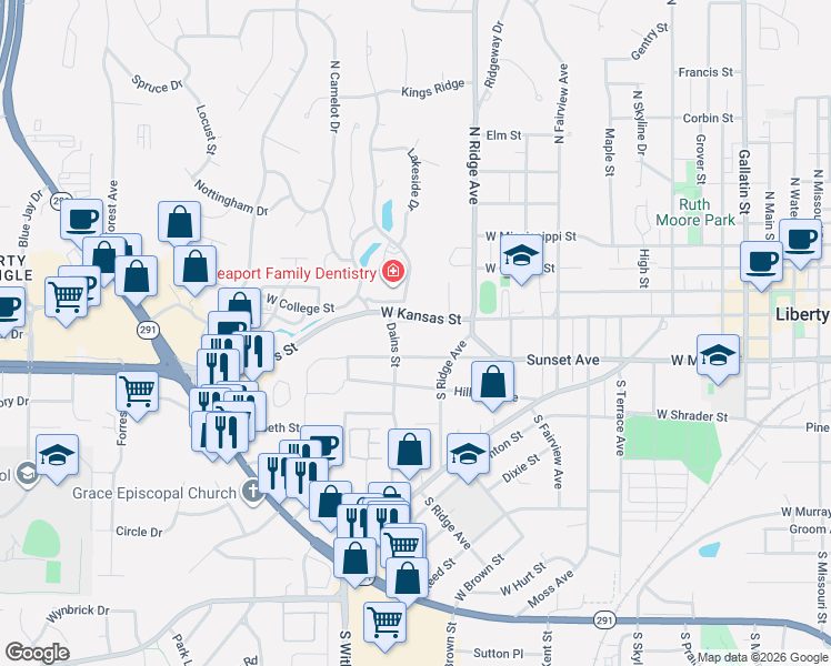 map of restaurants, bars, coffee shops, grocery stores, and more near 841 West Kansas Street in Liberty